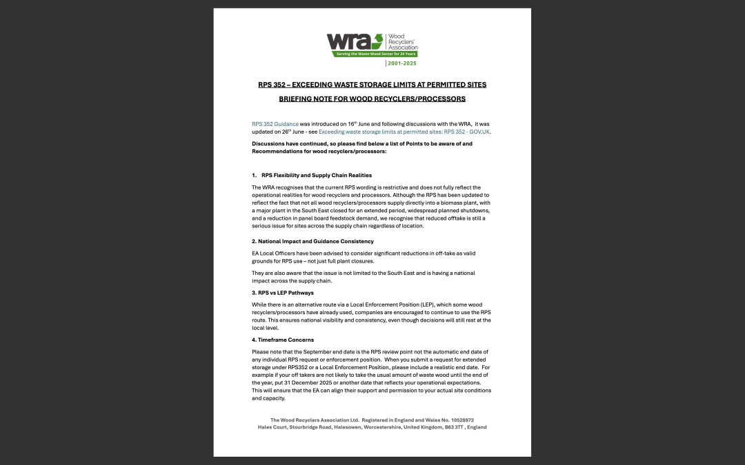 WRA issues briefing note on RPS 352 and wood storage